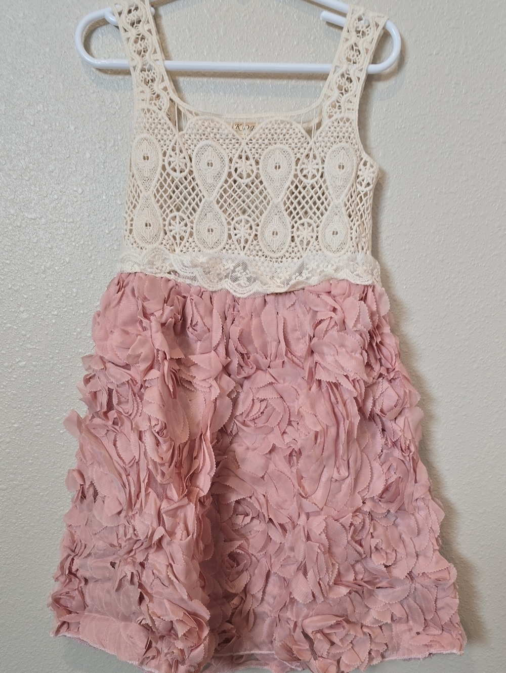 Girls Cream Crochet Bodice Pink Rosette Skirt Dress